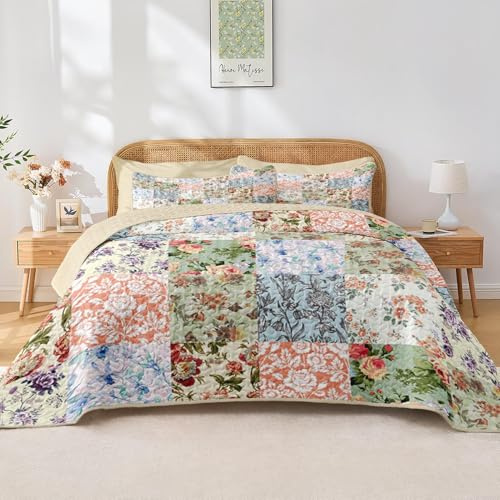 Pamnest Quilt Set Full/Queen Size, Vintage Patchwork Floral 3 Pcs Soft Bed Cover Bedding Set, Boho Mid Century Lightweight Bedspread Coverlet with 2 Pillow Sham for All Season