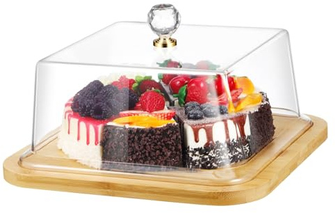 BESPORTBLE Sottotorta in Legno con Copertura in Acrilico Trasparente, Piatto per Esposizione Dolci Semplice e Facile da Mostrare, per Buffet e Feste