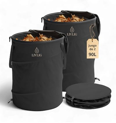 LIVLIG Pop Up - Saco de basura de jardín plegable de 90 l, con tapa y doble base, saco de hojas estable con tapa, saco para hojas y saco de basura para jardín, color negro, 2 unidades