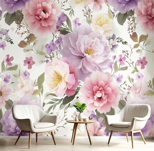Carta da Parati Fotografica Murale 300x210cm Peonia Rosa Del Fiori ad acquerello Carta da Parati Effetto 3d Decorazione Murale Poster da Parete per Camera da Letto per Ragazzi, Viola chiaro