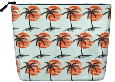 Illustration of Palm Trees Makeup Bag Large Capacity Fake Hemp, Portable Zippered Case Water Resistant Toiletry Pouch