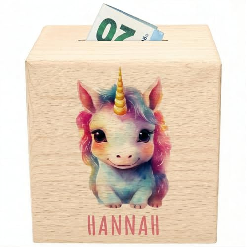 Tier Spardose für Kinder personalisiert Sparbox aus Holz Sparschwein mit Schlüssel Taufgeschenk für Jungen Mädchen Holzspardose (Einhorn)