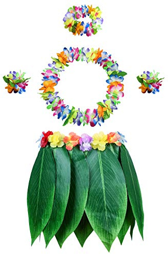 PIXHOTUL 5 stücke Blatt Hula Rock und Hawaiian Leis Set, Hula Rock + Blume Stirnband + 2 Blumen Armband + Halskette Girlande, Hula Luau Party kostüm für Frauen, Mädchen