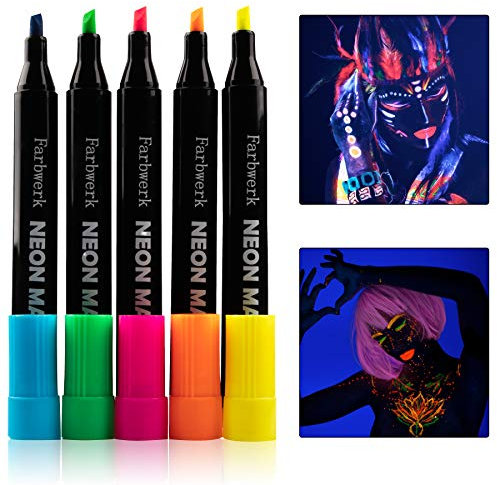 Farbwerk Fluoreszierende Textilstifte | UV-Farbe leuchtet unter Schwarzlicht | Neon Stoffmalstifte für T-Shirt, Stofftasche und Lätzchen | waschfest