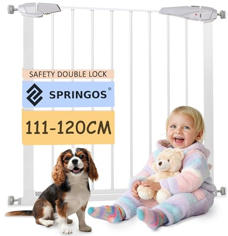 SPRINGOS barriera di sicurezza per porte e scale con 2 estensioni, sistema di fissaggio. Regolazione: 111-120 cm