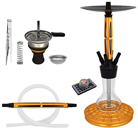 Shisha King | Skynet® Pro Shisha 60cm, Set mit Schlauch, Mundstück, Tabakkopf & Zubehör, 4 Schlauchanschlüsse | Gold
