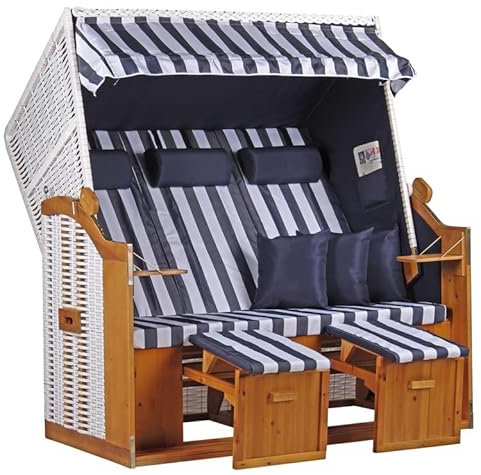 MR. DEKO® Strandkorb Ostsee XXL | Volllieger Strandstuhl Liegestuhl | Dreisitzer PE Geflecht Weiß inkl. 6 Kissen | Strandkörbe aus Hartholz, Garten, Wintergarten und Terrasse (Dessin Blau Weiss)