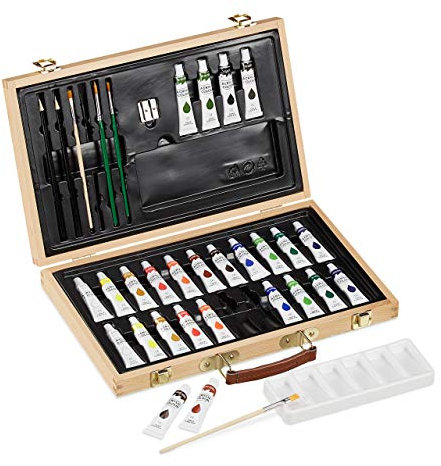 Relaxdays Einsteiger Malkoffer mit Acrylfarben Maletín de Pintura de 35 Piezas, Colores Acrílicos, Lápices, Mezclador, Pinceles, Sacapuntas, Madera, Natural, 5 x 37 x 27,5 cm