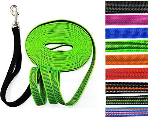 Schleppleine gummiert MIT RUCKDÄMPFER 1m - 30m / 20mm breit/für mittlere und große Hunde MIT/OHNE Handschlaufe (8m MIT Handschlaufe, Neongrün gummiert)