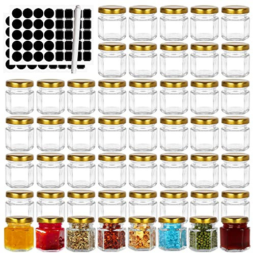 BIGIVACA 1.5 oz Hexagon Glass Jars with Golden Lids.Set of 48 Pack Mini Canning Jars Containers for Spice Jam,Jelly, Wedding Favors, Honey And More. Small Jars.Include 1 Chalk Pen and 80 Labels.