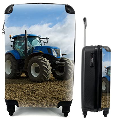 MuchoWow© Koffer Handgepäck Trolley Rollkoffer Kleine Reisekoffer mit 4 Rollen - Traktor - Blau - Landleben - Wolken - Cabin Size < 55x40x23 & 55x40x20 cm - Fotokoffer - Kabinenkoffer - Boardgepäck