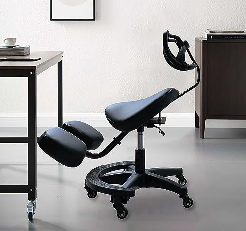 ZZYY Ergonomischer Sitz, Kniestuhl, verstellbarer Stuhl mit Rückenlehne, Hocker mit Rollen, für Rückenschmerzen, Haltungsstütze für Büro, PU-Leder + Schaumstoff, Schwarz
