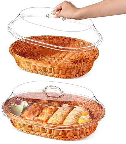 Hushee Juego de 2 cestas de pan de ratán de imitación con tapa, cestas de pan de mimbre para servir cesta de frutas tejida con cubierta, cestas ovaladas para alimentos para verduras, restaurantes