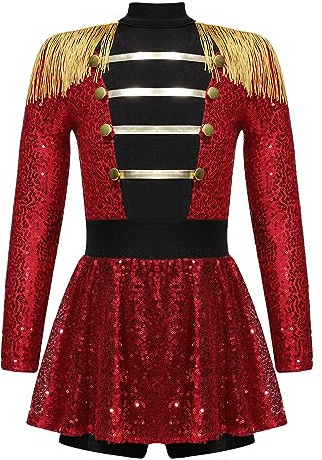 Alvivi Costume per Bambine Direttrice di Circo Fantastico Travestimento da Ragazza Domatrice per Feste in Carnevale Tuta da Balletto Danza Body Manica Lunga Ginnastica Rosso C 9-10 Anni