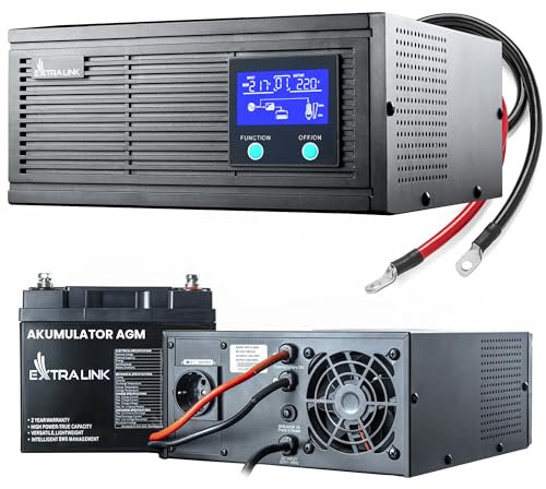 Fuente de la alimentación de Emergencia, Extralink Piorun 1000VA/800W con Bateria AGM 12V 100Ah, inversor 12V 220v Onda Pura, tensión de batería 12v DC, Onda sinusoidal Pura, SAI (UPS), Pantalla LCD