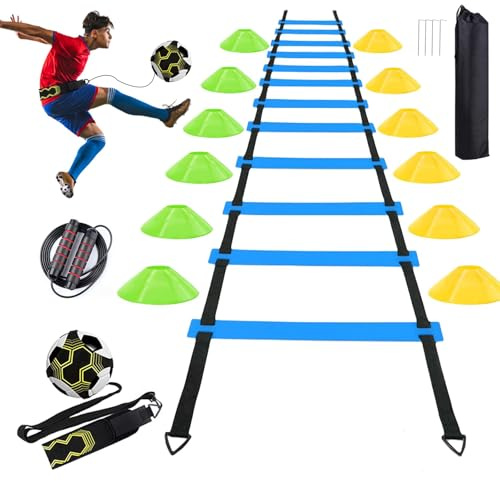 AOPUETRX 6 m koordinationsleiter, 12 Hütchen und Fußballtrainer mit verstellbarem Hüftgurt, Springseil Fussball Trainingsset als Geschenk für Jungen