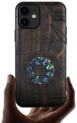 Carveit Étui pour iPhone 11 Coque [Gravure en Bois et Incrustation de Coquille] Cover Compatible avec Apple 11 Luxe et Case Etui Bois (Bois Sombre-Bouclier Viking)