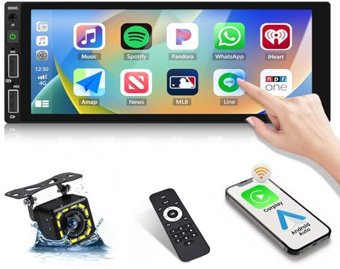 SIXWIN Single Din Car Stereo with Wireless Carplay Android Auto Backup Camera 6.86 Inch Touchscreen with Bluetooth Hands Free FM Mirror Link MIC SWC Remote Control Car MP5 Player with USB/AUX/SD