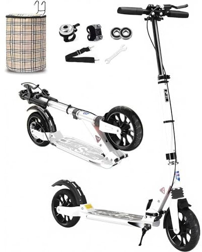 NBTRXWAFR Cityroller Tretroller Erwachsene 150 Kg Tragkraft, 200Mm Big Wheel Scooter Mit Bremsen Und Stoßdämpfern, Kickboard Klappbar & Höhenverstellbar,Weiß
