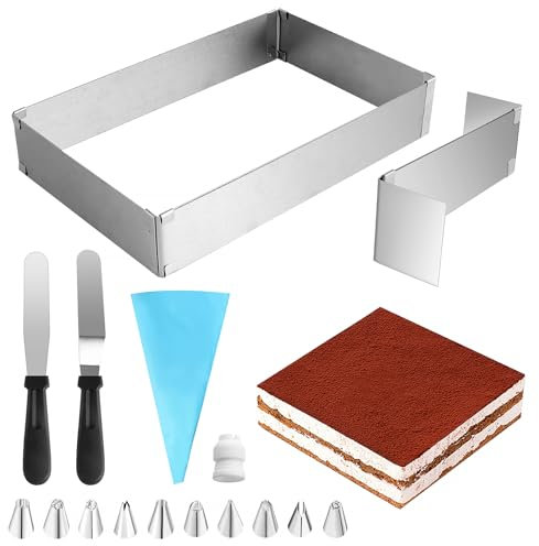 Bubuny Backrahmen Rechteckig Verstellbar, Edelstahl Backrahmen Eckigb, Kuchenform Eckig Tortenring mit mit Teiler, Backrahmen Form, Spatel, Spritzbeuteln für Kuchen Torten Pizza