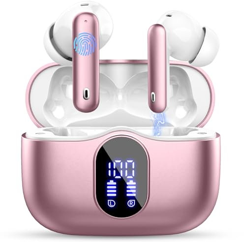 Wireless Earbuds, Bluetooth 5.4 Headphones In Ear with 4 ENC Mic, New Wireless Earphones Noise Cancelling Deep Bass, LED Display, Bluetooth Earbuds 36H Playtime IP7 Waterproof Ear buds USB-C Pink Gold