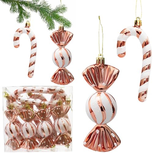 12 pcs de Brillo Decoraciones del árbol de Navidad de Oro Rosa, XXL Navidad Adornos Bastones de Caramelo decoración, Adornos del árbol de Navidad Decoraciones Navidad de Oro Blanco Rosa Deco Navidad