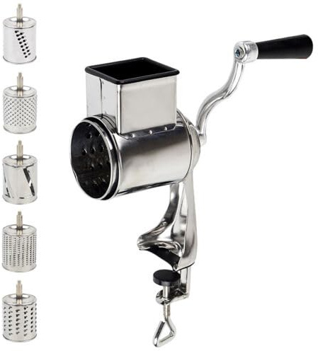 Edelstahl Manuelle Kartoffelreibe, Reibemaschine Trommelreibe Gemüsehobel Küchenmaschine mit 5 Trommeln 10 * 24cm