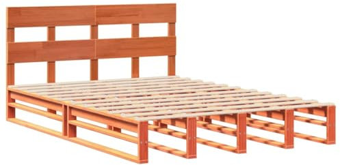vidaXL Massivholzbett, Holzbett Bett mit Kopfteil, Bettgestell Bettrahmen mit Lattenrost, Doppelbett Palettenbett für Schlafzimmer, Wachsbraun 140x200cm Kiefer