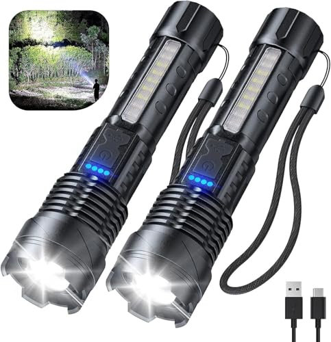 RUICUBEI XHP50 Ultra Powerful Led Torch with COB Side Lamp, Powerful Rechargeable Led Torch with Zoom, 7 Lighting Modes & Zoomable for Camping/Hiking/Emergency (2 PCS)