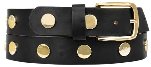 Zakatte • Damen Gürtel aus Kunstleder mit Nieten Damengürtel Taillengürtel Jeansgürtel Hüftgürtel Bikergürtel Nietengürtel BS073 (Schwarz-Gold, 95 cm)