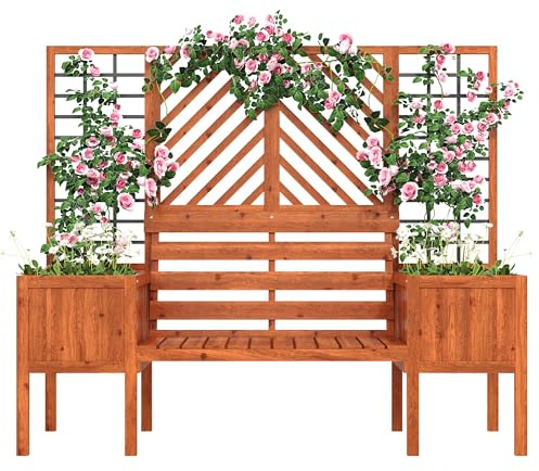SogesGame Blumenkasten aus Tannenholz, Pflanzkasten mit Rankgitter, Hochbeet Pflanzkübel mit Spalier und Sitz für Garten Balkon Terrasse, Gartenspalier für Kletterpflanzen, Blumen, Gemüse