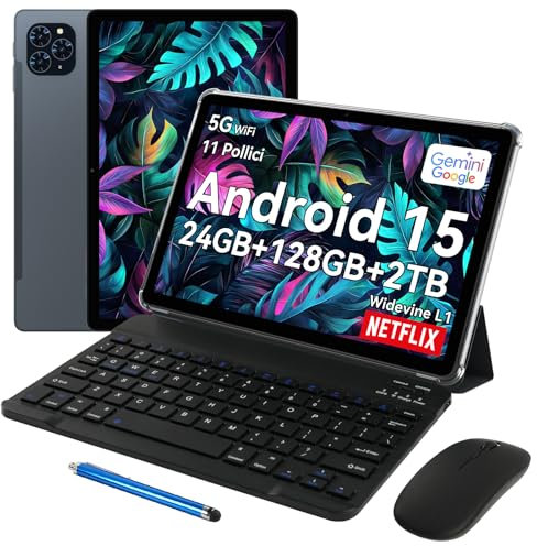 TABWEE T90 Android 15 Tablet mit Tastatur - Gemini AI, 24GB RAM+128GB ROM, Octa Core T615, Gaming Tablet 11 Zoll, 1920x1200 FHD+IPS, 8000mAh Akuu, 13MP+5MP KI Kamera, 5G WiFi, Widevine L1, GPS