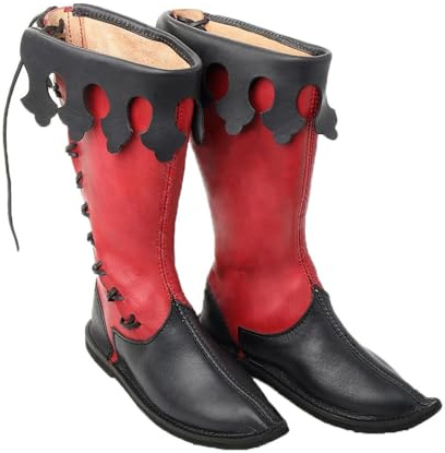 YUMALI Zapatos Atados Vikingos Medieval Retro Alto Tubo PU Cuero Pirata Botas Gótico Comandante Caballero Botas Para Halloween Cosplay (Red,XL)