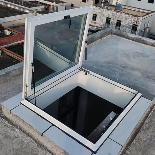 Basement Window Well, Skylight Windows for House Roof, Large Roof Access Hatch, Attic Staircase Opening Door with Gas Struts & Lock Handle, Aluminum Alloy Frame, for Attic/Sun Room(White,LxW
