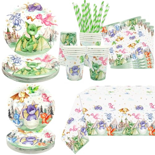 Suministros de fiesta de cumpleaños de dragón, incluyendo platos, tazas, servilletas, mantel, popotes, para decoración de fiesta de cumpleaños de niños y niñas, sirve para 20 invitados