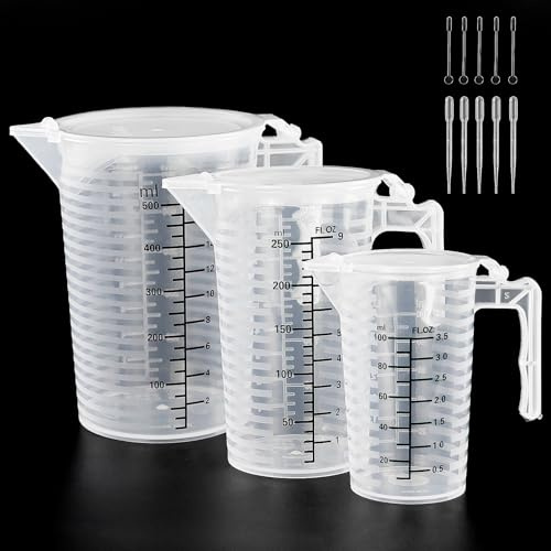 3 Piezas Juego Tazas Medidoras Plástico (100/250/500 ml) Con Tapas, 3 Pipetas 3 ml y 3 Varillas Mezcladoras,Escalas claras Tazas,para Hornear,Cocina y Repostería