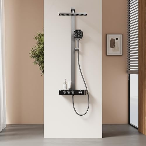 EMKE Duschsystem mit Thermostat, Regendusche 360 x 240 mm, Anthrazit Matt | Handbrause mit 4 Strahlstärken, Glasablage, Verbrühungsschutz, großer 360x240 mm Regendusche, für Familienbadezimmer