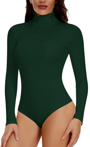 Joyshaper Body de manga larga para mujer, elegante, cuello alto, blusa, manga larga, camiseta de manga larga, verde oscuro, S