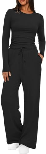 Rayson Ensemble Femme 2 Pieces Manches Longues Chic Elegant Survetement avec Poches et Cordon de Serrage Tenue de Sport Ensemble Pantalon Fitness Jogging(Noir, S)