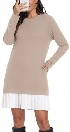 PrinStory Jumper Dresses for Women UK Crew Neck Long Sleeve Ladies Knitted Autumn Winter Dress with Pleated Skirt UK 14-16 (Apricot, L)