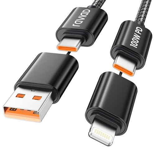 RAVIAD 100W Multi Charger Cable [3M] 4 in 1 Fast Charging Cord Nylon | USB C/USB A to Lightning Cable, USB C/USB A to USB C Charging Cable for iPhone 17/16/15/14 Pro Max, Samsung S25/S24/S23