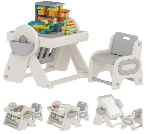 AIYAPLAY Set Tavolo e Sedia Bambini 3 in 1 con Tavolo da Costruzione