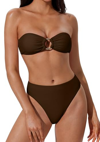 SUUKSESS Women Bandeau Strapless O Ring Bikini Sets Tie Back High Waisted 2 Piece Swimsuit Cheeky Removable Halter High Cut Bathing Suits（Deep Brown,L