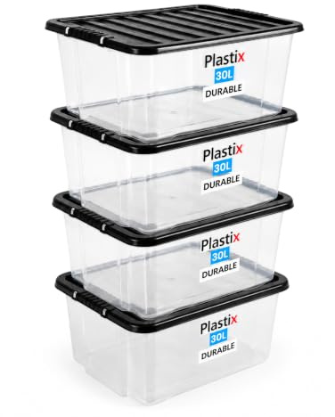 Plastix Clear Plastic Storage Box Boxes With Black Lids Home Office Stackable UK Made (4, 30L)