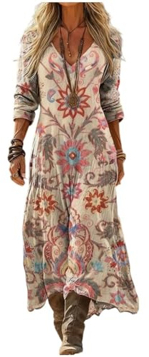 Mfhmom Vestito Donna Lungo Boho Chic Elegante Scollo a V Stampa Vintage Etnica Abito Casual Manica 3/4 per Vacanza Mare Cerimonia Party Cocktail Tunica Svasata Confortevole
