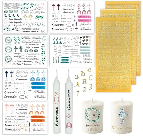 Kommunionkerze Bastelset DIY 9-teilig Kerzentattoos Wachsbuchstaben