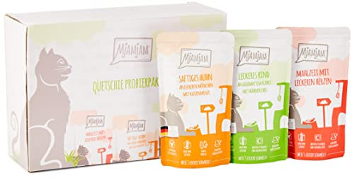 MjAMjAM - Premium Nassfutter für Katzen - Mixpaket I - Huhn, Rind, Herzen, 12er Pack (12 x 125 g), getreidefrei mit extra viel Fleisch