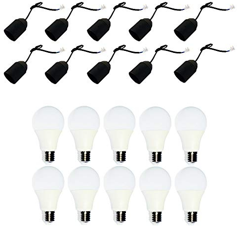 NCC-Licht 10x Baufassung E27 schwarz + LED A60 Birne 9W Warmweiß | Robuste Renovierfassung mit Stecklemme und Zugentlastung, Leuchtmittel ersetzt 60W Glühlampe, für Bau Sanierung Arbeiten
