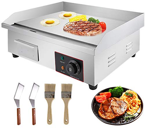 VBENLEM 22 Electric Countertop Flat Top Griddle 110V 3000W Non-Stick Commercial Restaurant Teppanyaki Grill Stainless Steel Adjustable Temperature Control 122°F-572°F(No Plug)