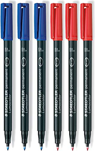 Staedtler Lumocolor 318 Stylo à film, permanent, imperméable, résistant aux taches, séchage en quelques secondes, pointe F, largeur de ligne : env. 0,6 mm, haute qualité (3 rouges et 3 bleus)